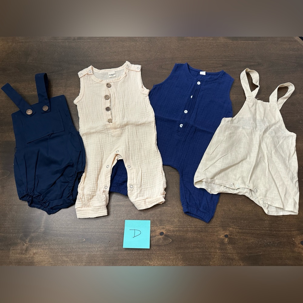 12month Baby Romper Set in Cream and Blue